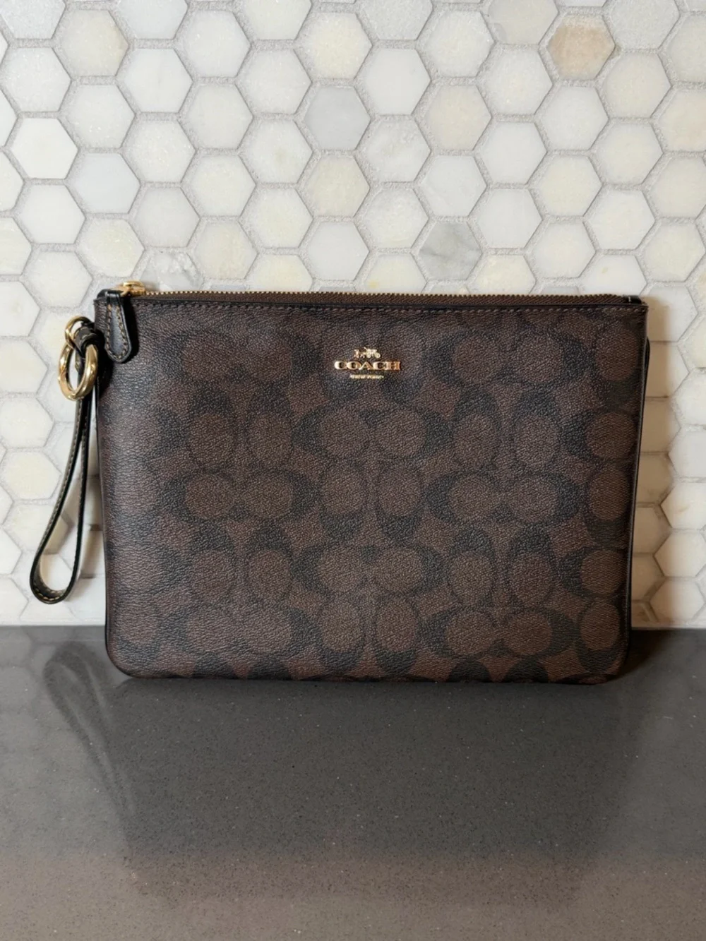 Coach Large PVC Signature Canvas Zip Wristlet Clutch with Gold Hardware EUC